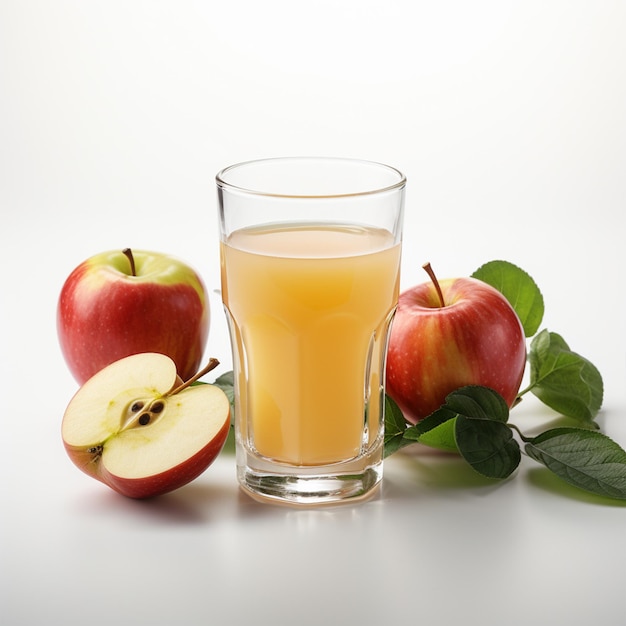 Vaso con succo di mela fresco su sfondo bianco