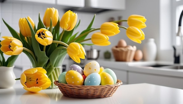 Vaso con tulipani e uova di Pasqua sul tavolo decorazione per la casa festiva Concept di Pasqua felice