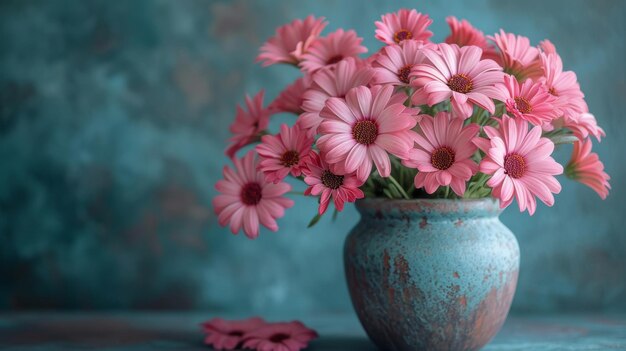 Vaso con un bellissimo bouquet di fiori rosa sul tavolo sullo sfondo blu