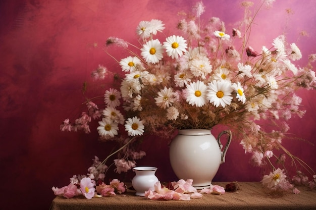 Vaso con un mazzo di margherite e fiori selvatici AI generativa