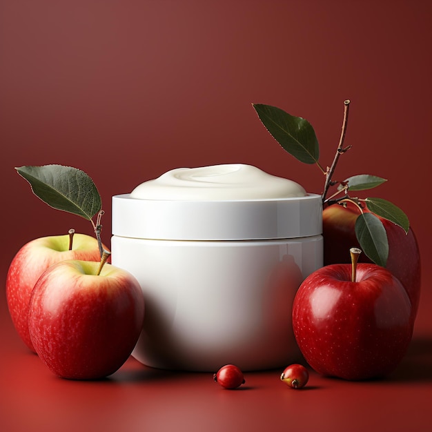 Vaso cosmetico bianco su Apple Background Display di prodotti di bellezza