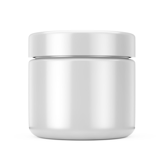 Vaso cosmetico d'argento con coperchio per crema o gel mockup su sfondo bianco. Rendering 3D