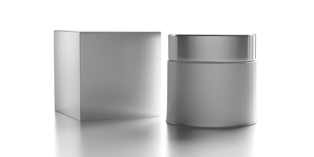 Vaso cosmetico in vetro con coperchio argento e confezione isolata su sfondo bianco Illustrazione 3d