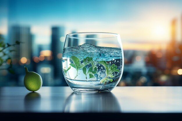 Vaso d'acqua con il pianeta Terra e le montagne sullo sfondo rendering 3D