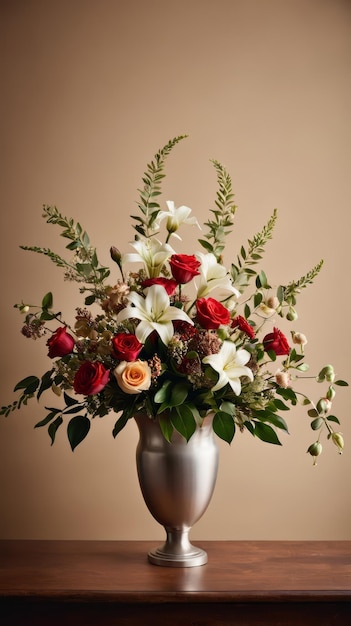 Vaso d'argento con fiori rossi e bianchi su tavola