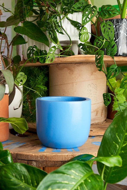 Vaso di argilla blu per piante su un tavolo di legno