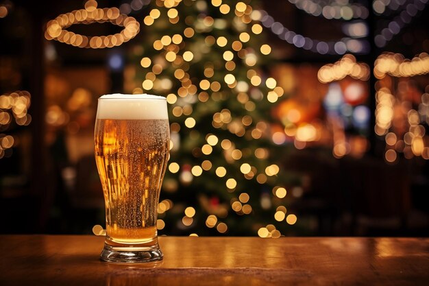 Vaso di birra fredda festivo sullo sfondo di un albero di Natale bokeh