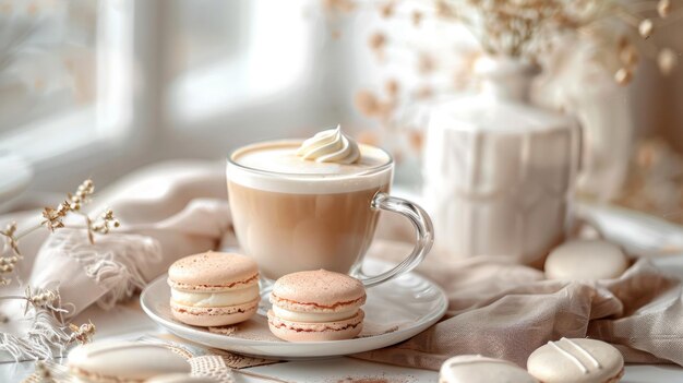 Vaso di cappuccino con macaroni sul piatto in stile boho