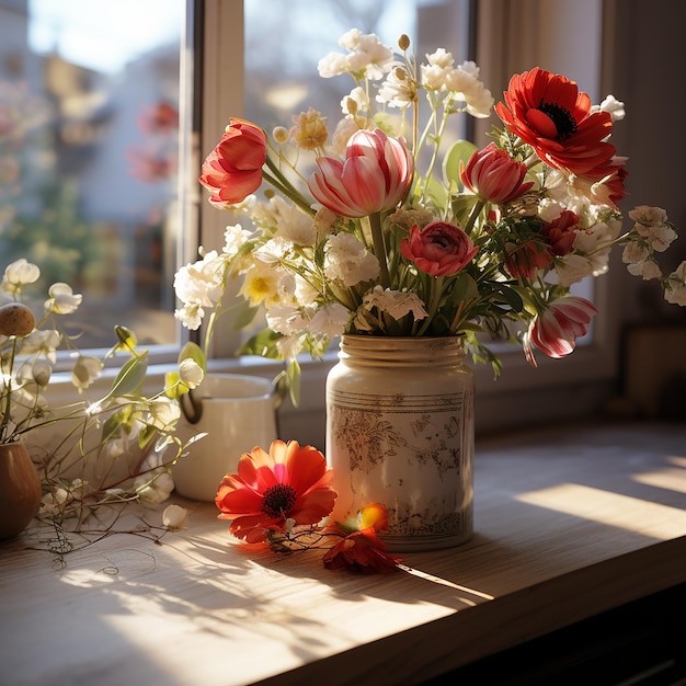 Vaso di cucina con fiori freschi e erbe in vaso