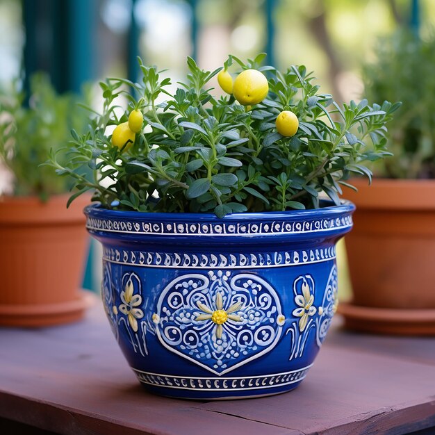 Vaso di fiori blu greco con erbe