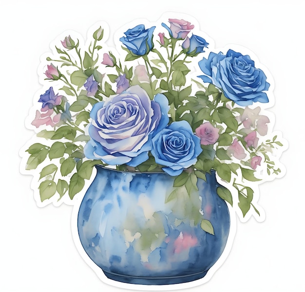 Vaso di fiori blu su sfondo bianco