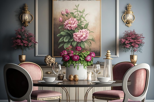 Vaso di fiori che decora una stanza I fiori sono colorati e disposti magnificamente aggiungendo un tocco di eleganza e freschezza allo spazio Il vaso è realizzato in vetro trasparente e riempito AI generativa