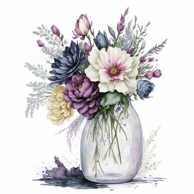 Vaso di fiori clipart sfondo bianco scatterato colore dell'acqua scatterato acquerello