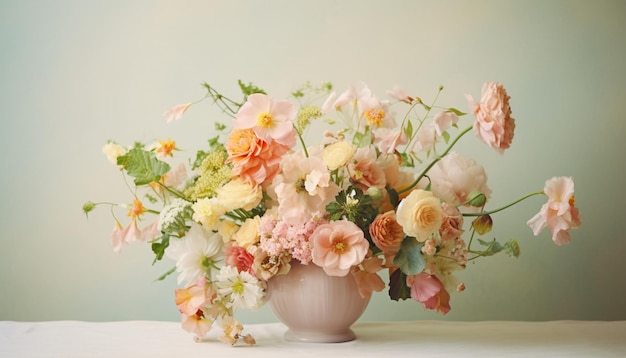 vaso di fiori sullo sfondo del tavolo bianco