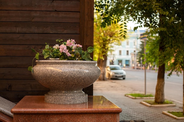 Vaso di pietra con fiori su una strada cittadina