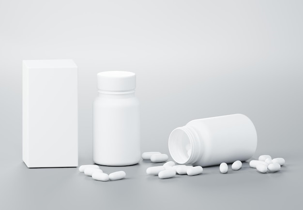 Vaso di plastica medicinale con capsule e scatola bianca galleggiante su sfondo grigio Mockup di rendering 3D