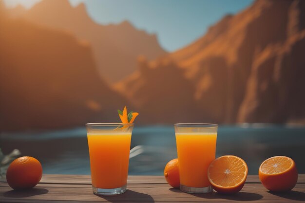 Vaso di succo d'arancia e frutti freschi di arance a generativo
