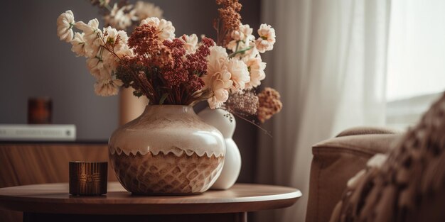 Vaso di vetro con fiori freschi beige e rossi su un tavolo in soggiorno