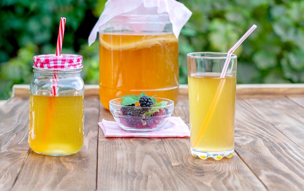 Vaso di vetro con kombucha, un bicchiere versato con kombucha e una tazza con la mora in un giardino estivo.