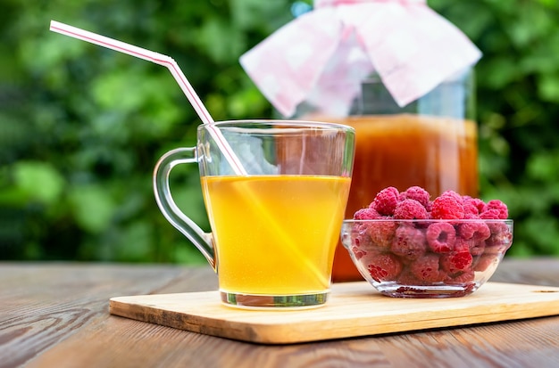 Vaso di vetro con Kombucha Vetro versato con Kombucha e lamponi nel giardino estivo summer