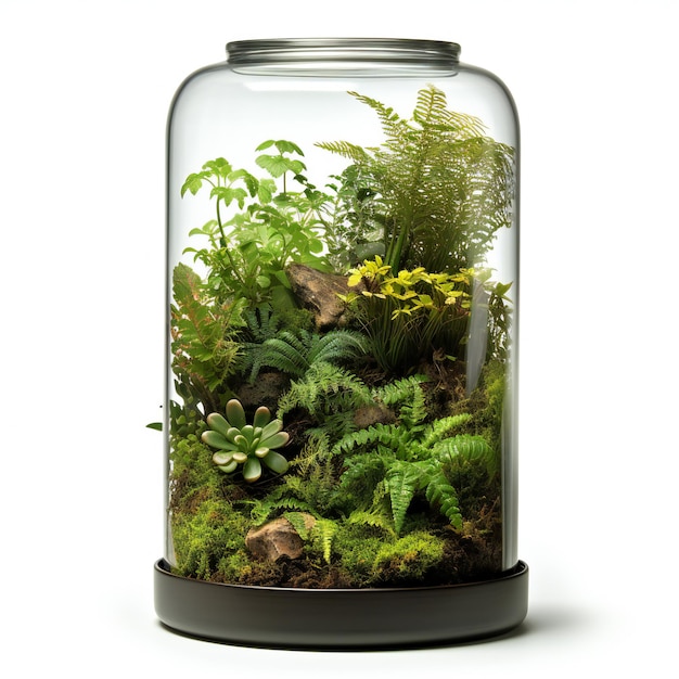 Vaso di vetro con piante grasse e felci isolate su sfondo bianco