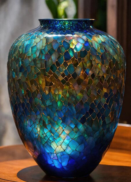 Vaso di vetro decorativo colorato con disegno verde e blu sul tavolo Close up ai generative