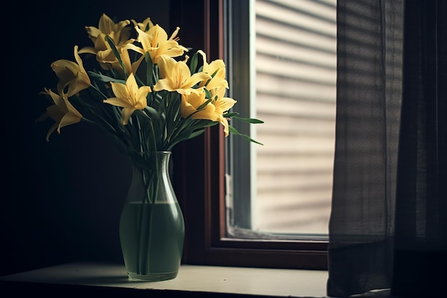 Vaso di vetro di fiori gialli a finestra soleggiata