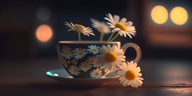 Vaso di vetro pieno di fiori di camomilla illustrato