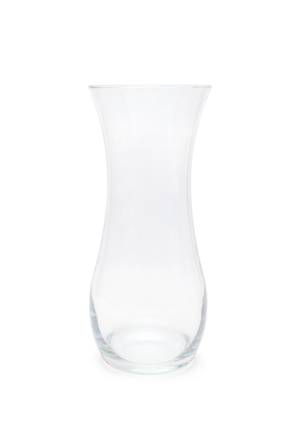 Vaso di vetro vuoto per fiori isolato su sfondo bianco