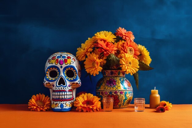 Vaso festoso con teschio di zucchero pieno di fiori e candele su superficie gialla su parete strutturata blu scuro Celebrazione del Giorno dei Morti Creato con tecnologia AI generativa
