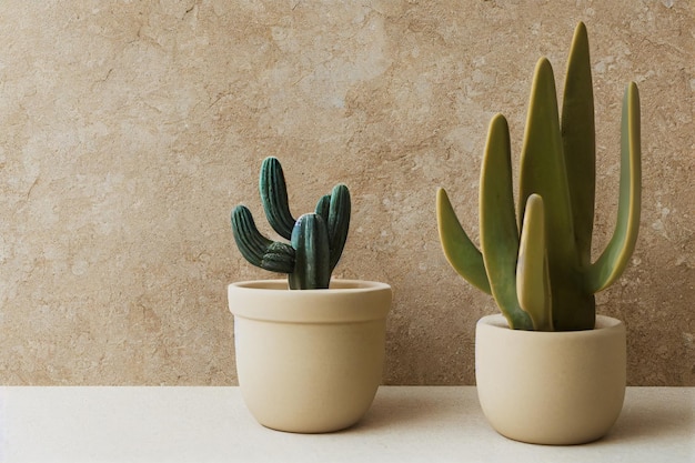 Vaso in ceramica beige con cactus su podio in pietra naturale su sfondo beige copia minima