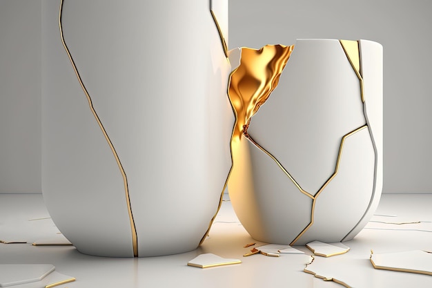 Vaso in stile kintsugi bianco e oro con linee screpolate AI
