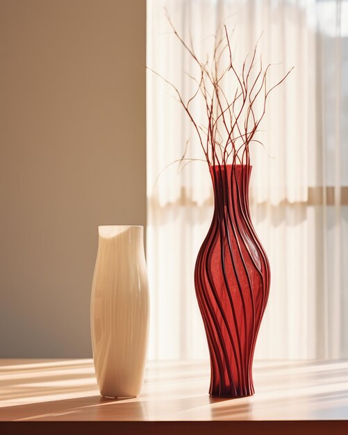Vaso minimalista e rami in un arredamento illuminato dal sole