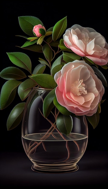 Vaso pieno di fiori rosa seduti sopra un tavolo generativo ai