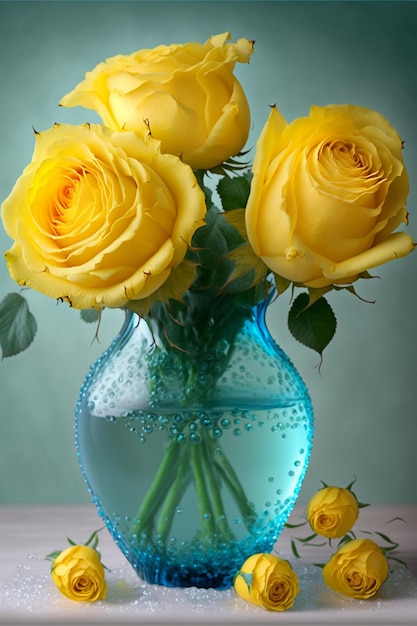 Vaso pieno di rose gialle che si siedono su un tavolo generativo ai