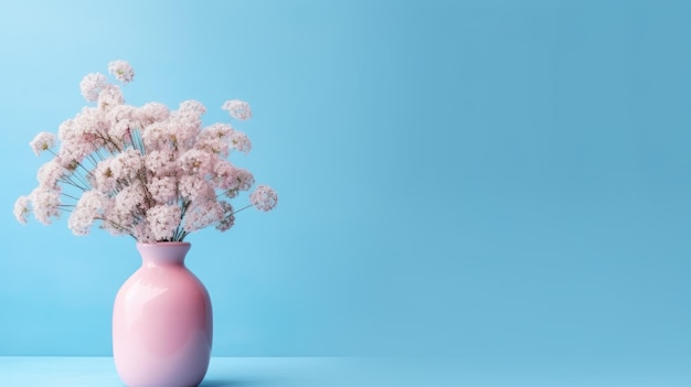 Vaso rosa con fiori rosa su sfondo blu