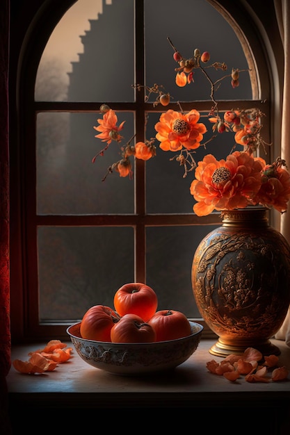 Vaso seduto sopra il davanzale di una finestra accanto a una ciotola di frutta ai generativa