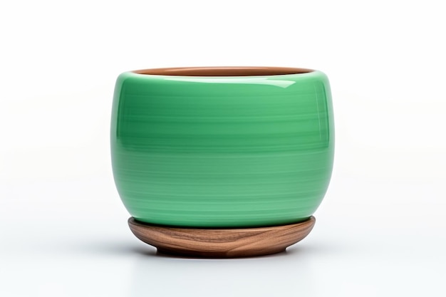 Vaso verde con base di legno su sfondo bianco su una superficie bianca o trasparente PNG sfondo trasparente