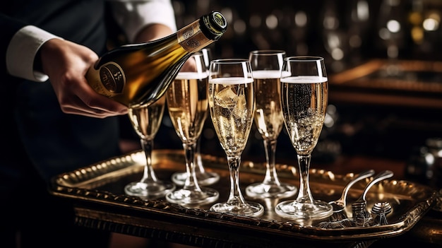 Vassoio con bicchieri di champagne nelle mani del cameriere nel ristorante per celebrare una festa di lusso IA generativa