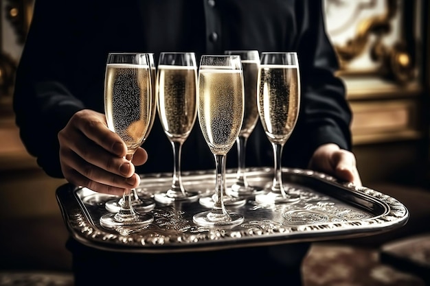 Vassoio con bicchieri di champagne nelle mani del cameriere nel ristorante per celebrare una festa di lusso IA generativa