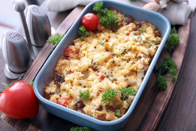 Vassoio da forno con deliziosa casseruola di tacchino sul primo piano del tavolo