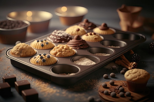 Vassoio da forno con deliziosi biscotti e muffin su sfondo sfocato