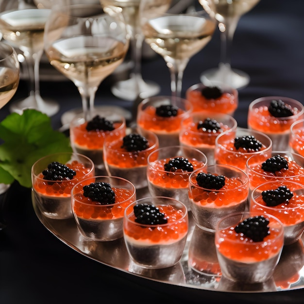 Vassoio da portata con piccole ciotole di ghiaccio con caviale rosso e nero e bicchieri di champagne su un tavolo Antipasto di prelibatezze gastronomiche Trama di caviale Degustazione di caviale in un ristorante elegante AI