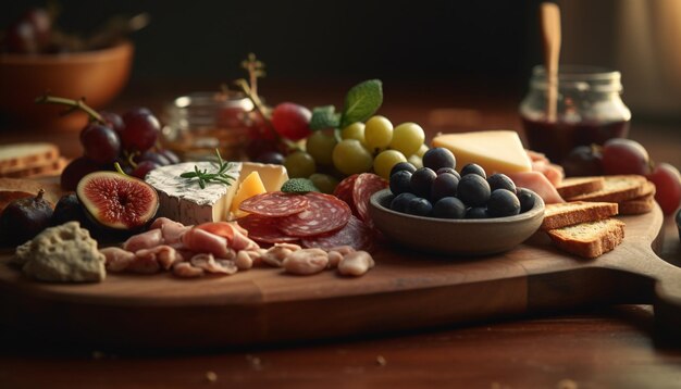 Vassoio di antipasti gourmet rustici con frutta fresca generata da AI