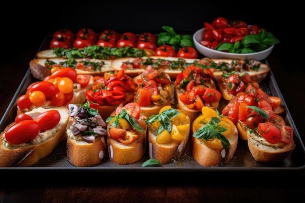 Vassoio di bruschette appena sfornate pronte per essere condite con ingredienti freschi e saporiti