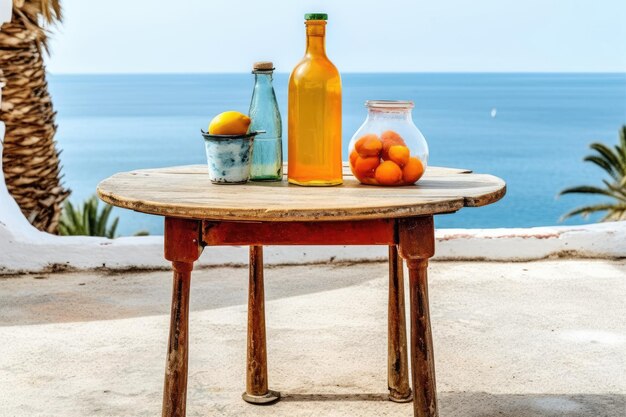 Vassoio di frutta colorato su un tavolo di legno IA generativa