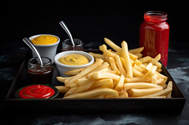 Vassoio di ketchup senape e maionese accanto al mucchio di patatine fritte unte su sfondo nero