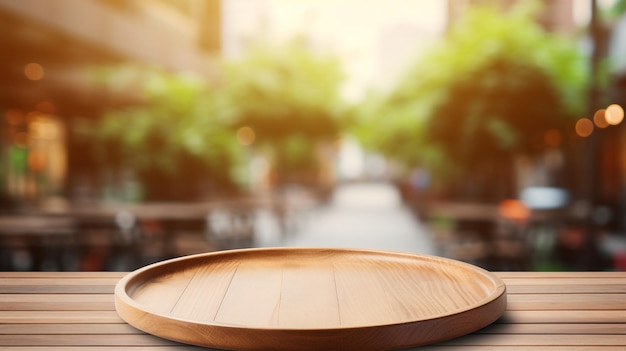 vassoio di legno vuoto su prospettiva tavolo di legno in cima su sfocatura sullo sfondo del caffè Ai Generato