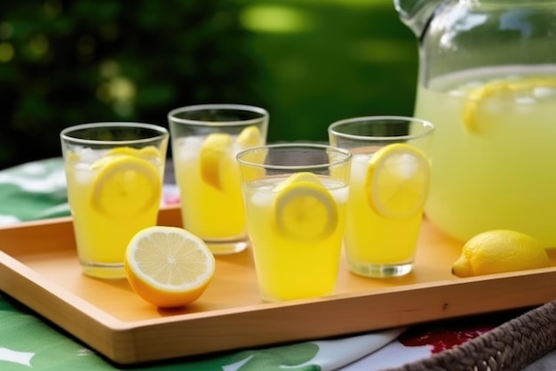 Vassoio di limonata estiva pronto da servire al picnic o alla festa creato con l'IA generativa