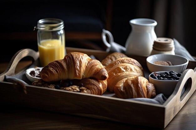 Vassoio di pasticcini appena sfornati e caffè per colazione o merenda creato con intelligenza artificiale generativa